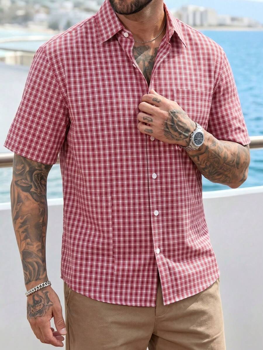 Men's Plaid Casual Single-Breasted Short Sleeve Pocket Shirt, Suitable For Leisure, Daily Wear, Commuting, Holiday Gift - Red and White - View 1