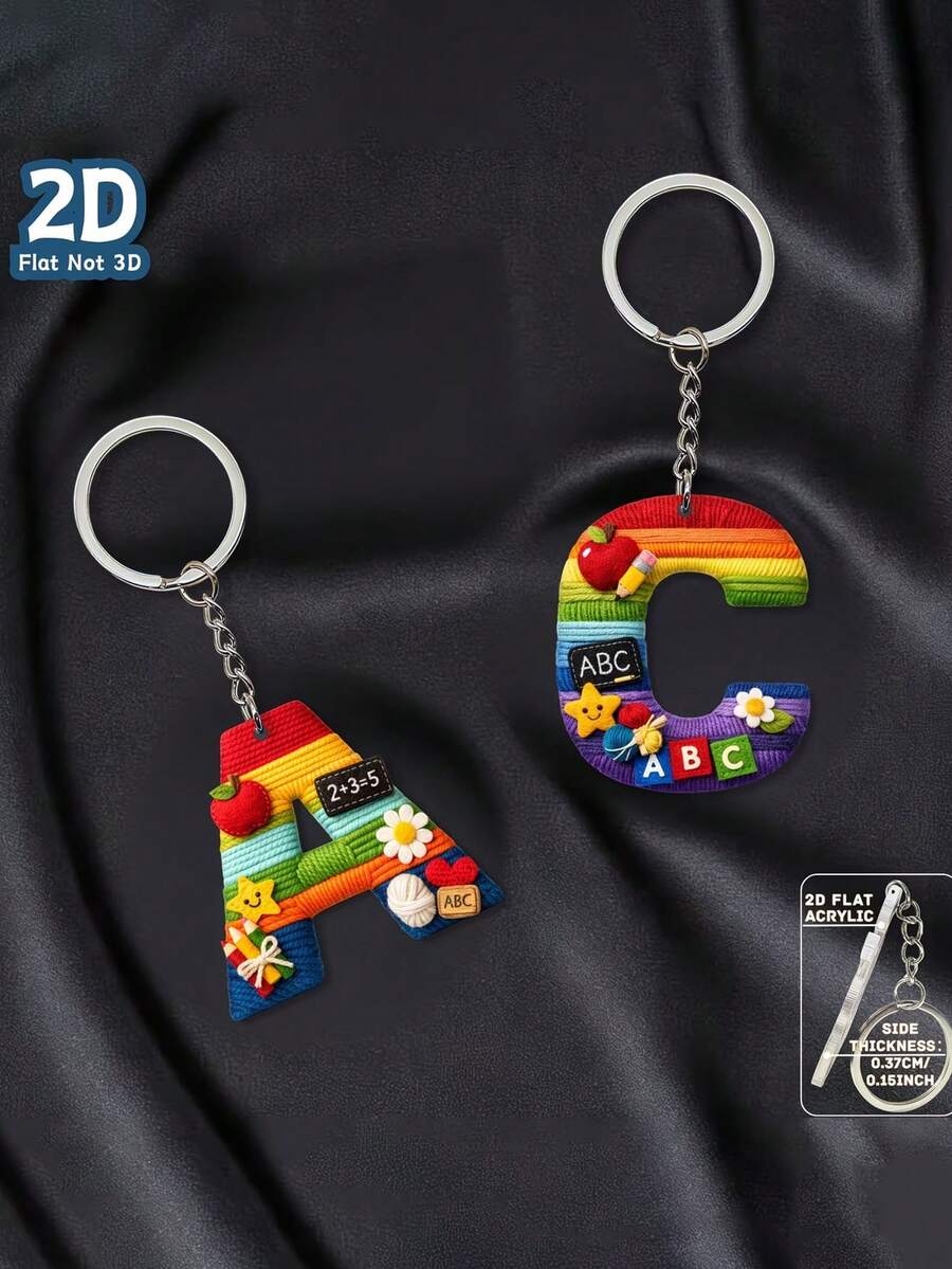 2D Flat Style, Unisex Gift, Plush Texture Teacher Theme Letter A-Z Pattern Acrylic Keychain, Keyring, Backpack Pendant, Birthday Gift, Party Favor, Souvenir, 2D Flat Style - Rainbow - View 1