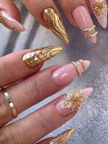 10片金色花卉图案美甲贴纸，表达你的爱意；奢华金色条纹3D香槟金条纹粉色美甲贴纸；优雅金色莲花不对称条纹法式全覆盖假指甲贴纸；附赠1张指甲胶水和1个迷你指甲锉；随机发货 - 金色 - 查看 6