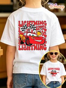 Disney Cars Lightning McQueen Kids T-Shirt, Double-Sided Print Racing Graphic Tee, 100% Cotton Crew Neck Casual Short Sleeve, Boys & Girls Streetwear Daily Outfit, Ideal Gift For Kids, Perfect Children's Day Gift, Great For Back To School, Travel & Everyday Wear - trắng - Xem 1