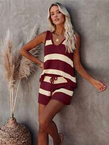Conjunto de punto de chaleco y pantalones cortos a rayas de contraste de cuello en V, estilo elegante y relajado, adecuado para el uso diario, vacaciones, salidas a la playa en verano - Burdeos - Ver 7
