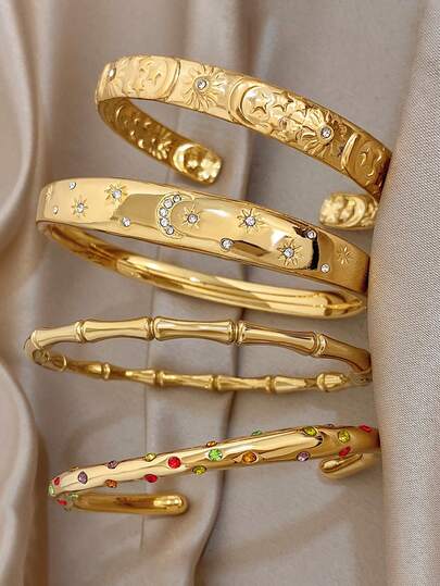 Bộ vòng tay mạ vàng 18K hình tre cầu vồng đính đá Zirconia, mặt trời và ngôi sao, trang sức thép không gỉ, dành cho nữ, phong cách mùa hè, bohemian, bãi biển, mùa nghỉ mát, quà tặng cho mẹ, thích hợp cho các buổi tiệc tùng, hẹn hò, đám cưới, lễ tình nhân, kỷ niệm, lễ hội âm nhạc, Giáng sinh, lễ Phục sinh.