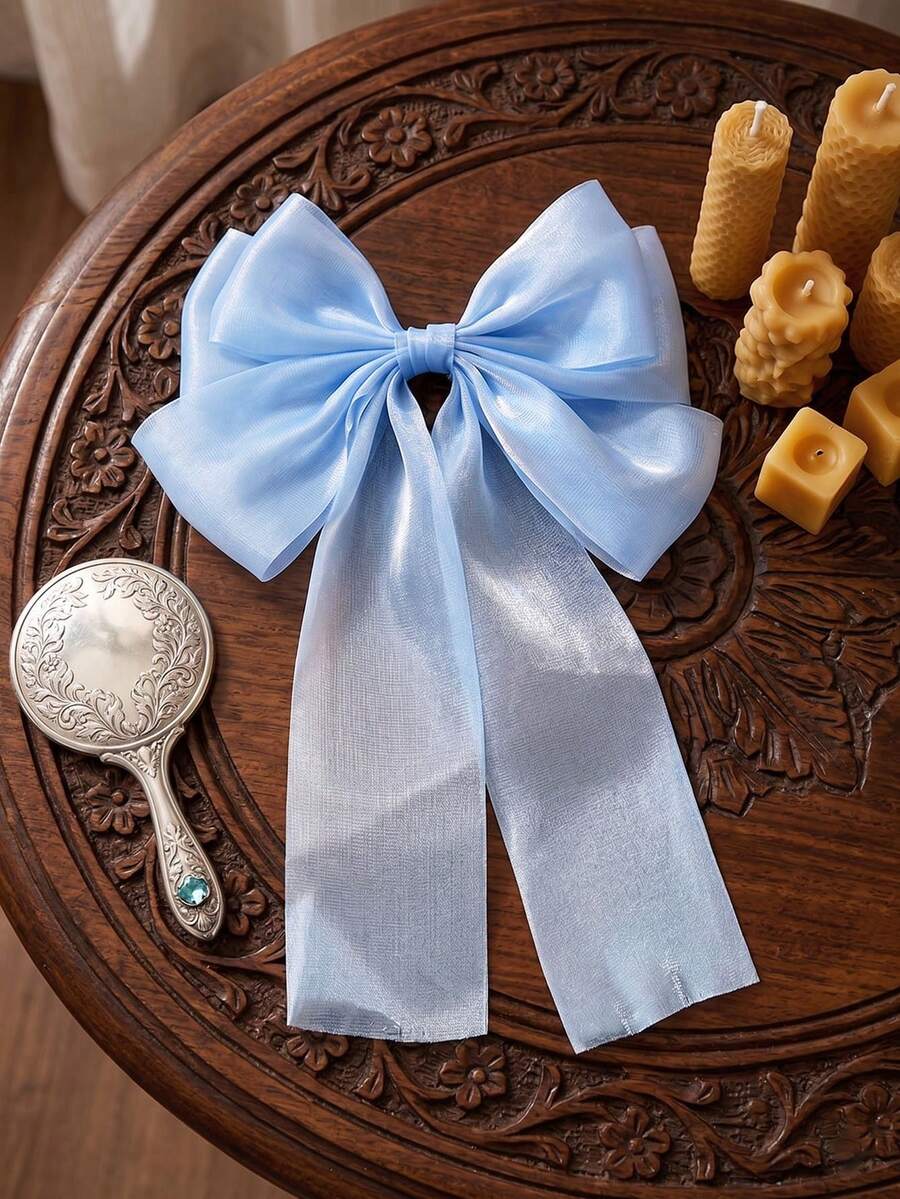 1 chiếc kẹp tóc nơ satin màu xanh hồng thanh lịch, kiểu nơ ruy băng lớn ngọt ngào, kẹp tóc đuôi ngựa thời trang, phụ kiện hàng ngày dễ phối đồ, lựa chọn tốt nhất cho các bữa tiệc. - Màu xanh nhạt - Xem 1