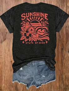 100% algodónCamisetas de manga corta para mujer - Camiseta con estampado de sol desgastado para mujer - Ligera, transpirable, de cuello redondo y manga corta con corte holgado, adecuada para - Negro - Ver 3