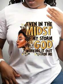 Unisex Size. Women's Plus Size Summer Cotton T-Shirt. A Casual Short-Sleeve Round-Neck T-Shirt Featuring Letter And Portrait Patterns, Designed For Women. Sweat-Absorbent, Soft, And Skin-Friendly Material. - 白色 - 查看 6