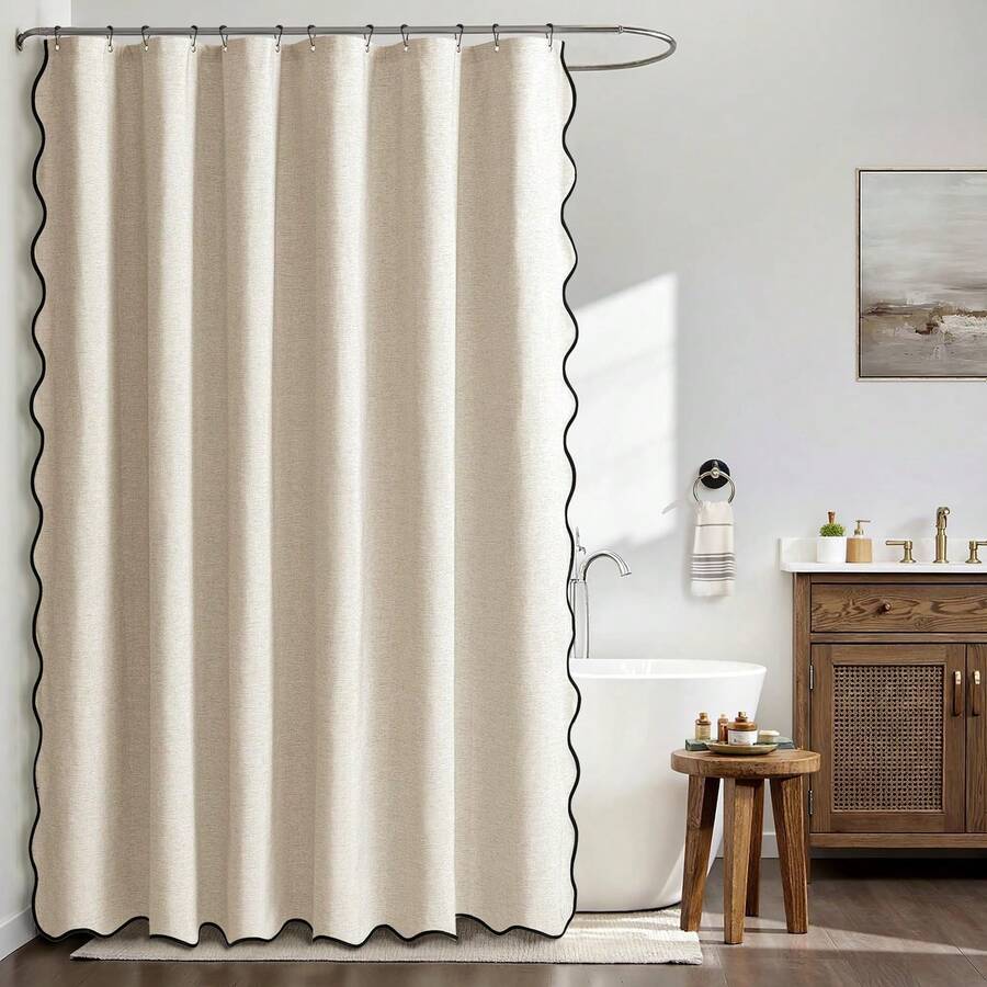 Tenda da doccia in lino con motivo a onde, beige, 180x200 cm, impermeabile e lavabile, con 12 ganci inclusi. - Tenda da doccia beige - Visualizzare 1