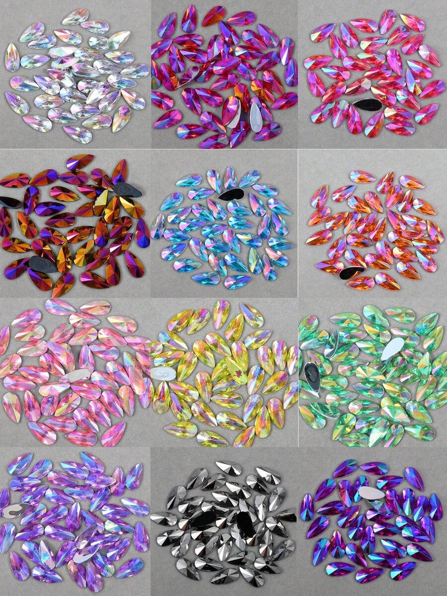 50pcs/Pack, Large 8*13mm Teardrop Acrylic Flat Bottom Rhinestones, Pointed Top Teardrop Undrilled Rhinestones For Clothing & Accessory DIY - Multicolor - View 1