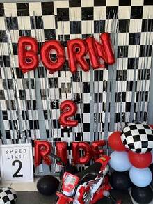 300cm Racing Theme Aluminum Foil Backdrop, Black & White Checkered Aluminum Foil Tassel Ribbon, Racing Theme Birthday Party Decor, "Start Racing" Party Backdrop, Indoor & Outdoor Party Backdrop, Photography Prop - Multicolor - View 5