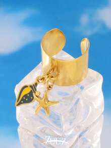 1 pieza Anillo vintage de acero inoxidable para mujer con colgante de estrella de mar y concha negra aceitada, anillo abierto ancho, joyería de regalo adecuada para uso diario - anillo - Ver 1