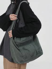 休闲水洗帆布手提包，大容量通勤包，简约复古多口袋男女通用手提包，可折叠多功能单肩包，耐用手提包，适合日常使用、上学、旅行、露营、徒步等场合。 - 軍綠色 - 查看 4