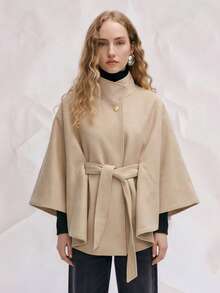 Gold Buckle Waist Belt Ribbed Collar Wool Blend Poncho Coat, Elegant Loose Fit Luxury Spring Poncho - Beige - View 1