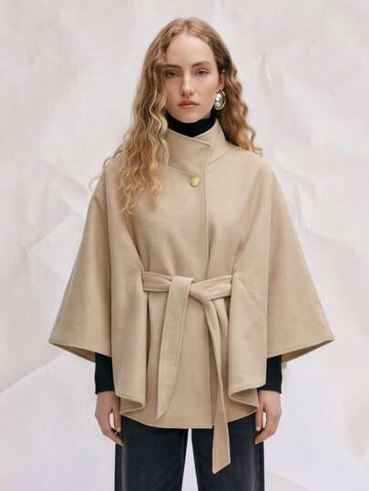 OUTTA BOX Gold Buckle Waist Belt Ribbed Collar Wool Blend Poncho Coat, Elegant Loose Fit Luxury Spring Poncho