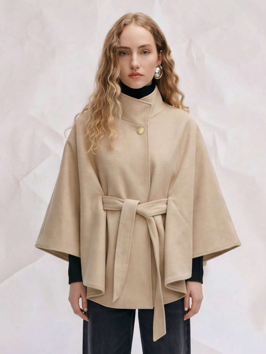 Gold Buckle Waist Belt Ribbed Collar Wool Blend Poncho Coat, Elegant Loose Fit Luxury Spring Poncho - Beige - View 1