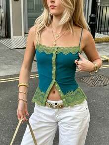 Women's Summer Tops For Women Going Out Outfits V Neck Button Up Tank Top With Lace Trim Spaghetti Strap Sleeveless Slim Fit Streetwear Teal Camiseta De Mujer - 藍色 - 查看 1