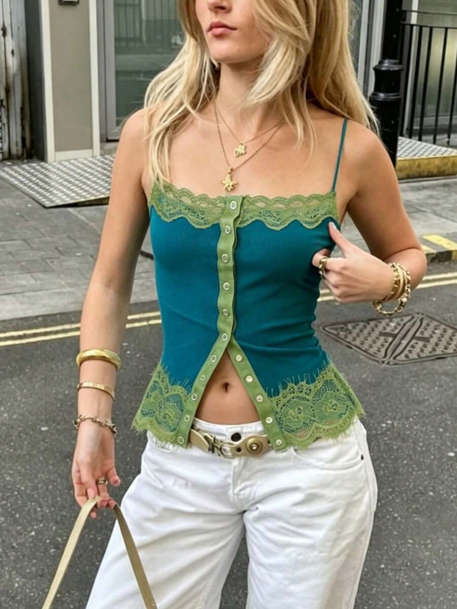Women's Summer Tops For Women Going Out Outfits V Neck Button Up Tank Top With Lace Trim Spaghetti Strap Sleeveless Slim Fit Streetwear Teal Camiseta De Mujer - 藍色 - 查看 1