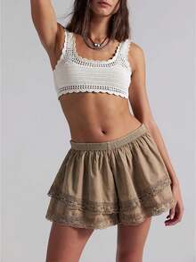 Women's Lace Trim Shorts Low Rise Tiered Ruffle Hem Cute Mini Shorts Lolita Summer Outfits - Khaki - View 1