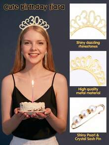 2 Peças Conjunto de Acessórios para o 30º Aniversário, Tiara de Cristal Dourada e Faixa Preta com Glitter e Alfinete de Pérola para Festa de 30 Anos Dela - Visão 7