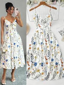 Nuevo vestido de verano/primavera para mujer con estampado floral vintage, lazo delantero, espalda descubierta, tirantes ajustables y sin mangas, adecuado para vacaciones, viajes, citas y uso diario - Multicolor - Ver 1