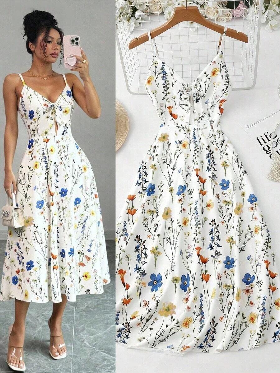 Nuevo vestido de verano/primavera para mujer con estampado floral vintage, lazo delantero, espalda descubierta, tirantes ajustables y sin mangas, adecuado para vacaciones, viajes, citas y uso diario - Multicolor - Ver 1