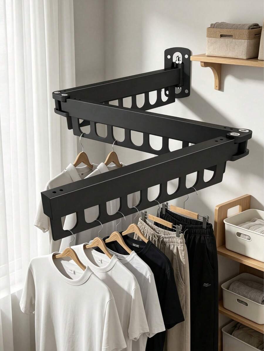 Wall-Mounted Foldable Clothes Drying Rack, 3-Fold Black Hanger, Waterproof Rust-Proof Space-Saving Clothes Rack With Multi-Hole Design, Suitable For Bathroom, Balcony, Laundry Room, Bedroom, RV And Apartment