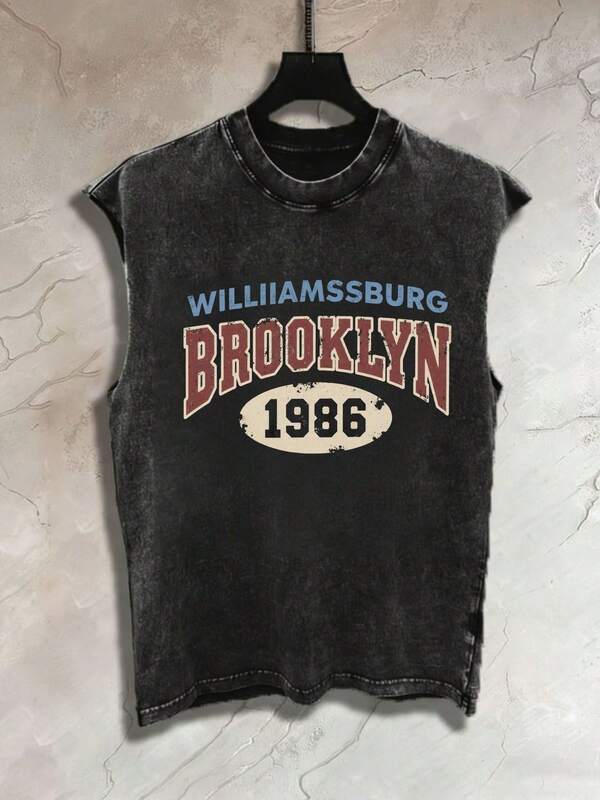 Vintage Washed Black Sleeveless T - Shirt, Williamssburg Brooklyn 1986 Printed, Retro Frayed Neckline & Hem, Light Gray Wall Hanger Style For Men Women Casual Summer Top This Men's Sleeveless Tank Top Offers Lightweight Comfort And Lasting Wear. Designed With A Relaxed Silhouette, It Provides Freedom Of Movement While Maintaining A Casual, Stylish Look. Easy To Pair With Shorts, Jeans, Or Joggers For A Versatile Everyday Outfit. Durable, Simple, And Essential For Any Modern Man's Wardrobe.
