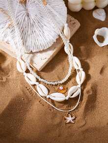 Set de 3 collares de estilo bohemio, collar de verano con estrella de mar, concha y perla de dopamina - Multicolor - Ver 3