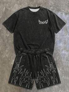 Fractyr Men's Washed Graphic Black Gothic Text & Flame Print Short Sleeve T-Shirt + Drawstring Shorts 2-Piece Casual Sportswear Set, Summer - Black - View 3