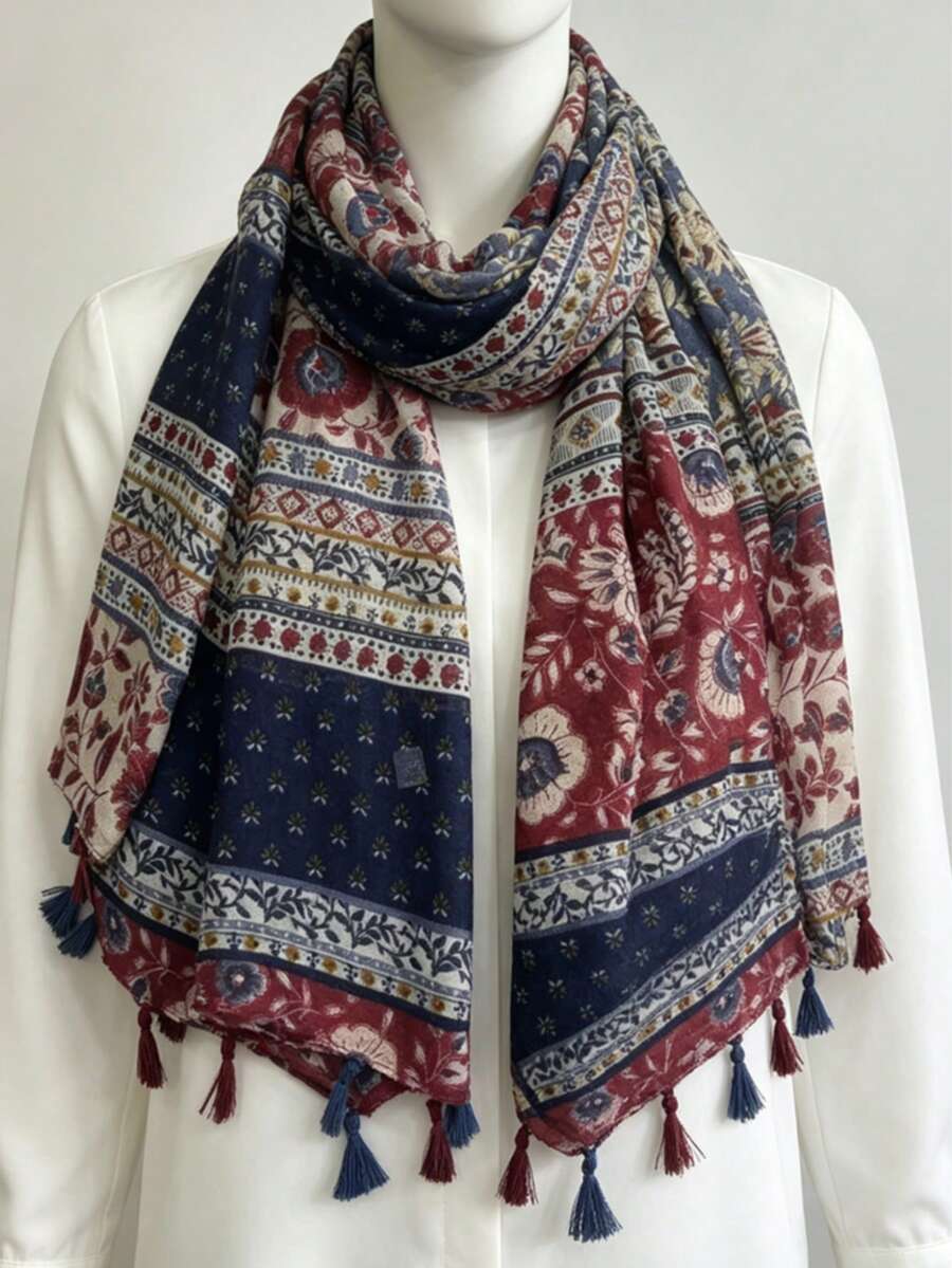 1 chiếc khăn choàng du lịch tua rua phong cách Bohemian dành cho nữ, chống nắng. - Màu xanh hải quân - Xem 1