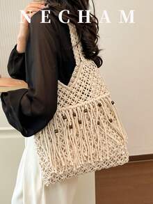 1pc Niche Design Woven Underarm Bag With Beads & Tassel, Versatile Casual & Work Tote - White - View 5