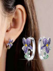 1 paire de boucles d'oreilles créoles fleur d'iris magnifiques, conçues pour les femmes, convenant pour les mariages, les fiançailles, les fêtes d'anniversaire, les cadeaux de la Saint-Valentin - 1# - Voir 3