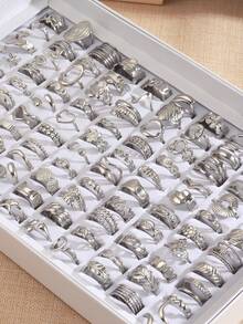 3/6/9/12/24 PIEZAS Anillos Abiertos Geométricos de Acero Inoxidable Adecuados para el Uso Diario de la Mujer (Enviados al Azar) - Plateado - Ver 6