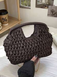 Bohemian Brown Tote Bag, Gold Chain Woven Shoulder Bag, Summer Beach Crossbody Bag, Straw Bag, Suitable For Young Women, Fashionistas, Daily Outings, Vacations And Beach Trips. - Coffee - View 6