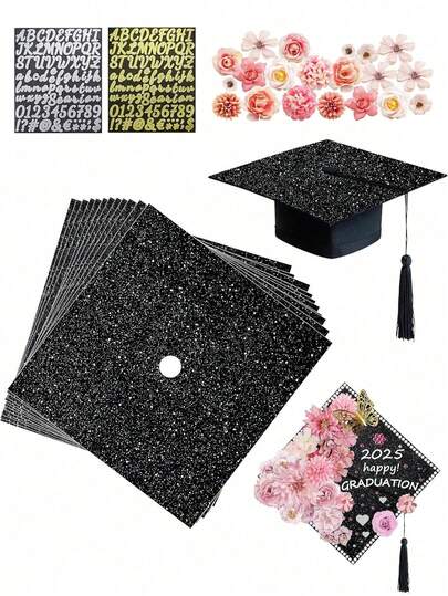 21/11 pièces Décorations de casquette de graduation pailletées DIY, autocollants de casquette de graduation adhésifs, convient pour la décoration de casquette de graduation DIY, fournitures de fête de graduation, découpe d'artisanat de graduation, faveurs de fête de graduation (avec points adhésifs)
