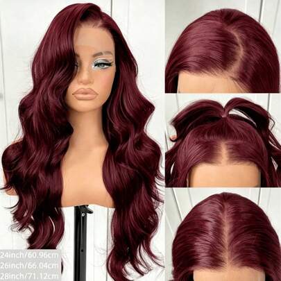 13*4 Lace Front Wig, Burgundy Synthetic Hair, Free Part, High-Quality Soft Wavy Middle Part Lace Wig, 99J Red Wavy Pre-Cut HD Lace No Glue Natural Wave Wig For Daily Wear, Party, Suitable For Beginners, Wedding, Halloween, Christmas, Cosplay