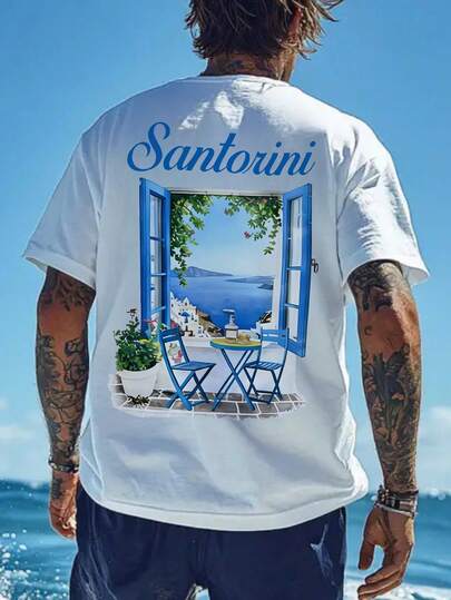 Coastal Men's Casual Vacation Style Graffiti Print Short Sleeve T-Shirt, Suitable For Summer Wear, Comfortable & Breathable, Leading Fashion