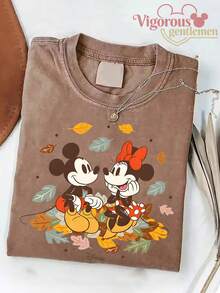 "Disney Mickey & Minnie Fall Leaves Washed T-Shirt" - Coffee Brown - View 1