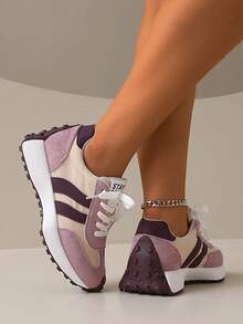 2026 Nuevos tenis de suela gruesa para mujer, tenis gruesos con cordones para las cuatro estaciones, zapatos casuales de plataforma transpirables de patchwork para primavera/verano - Morado - Ver 3