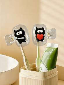 Cute Black Cat Theme Toothbrush Holder/Printed With Black Cat Holding Heart Pattern And Toothbrush/Portable Toothbrush Accessory/Toothbrush Protective Cover For Home And Travel/Cute Toothbrush Storage Clip/Home Organization/Travel Essential/Cute Design/Fashionable Storage/Transparent Protective Cover/Toothbrush Box/Family Users/Oral Care Accessory - Multicolor - View 4