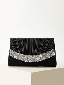 REMANLAND Mini Shiny Chain Folding Pleated Square Clutch Bag, Rhinestone Embellished Evening Bag, Perfect Match For Women's Ball Gown, Ball Accessories, Sequin Dress, Shiny Dress, Elegant Dress, Elegant Ball Bag, Perfect For Bridesmaids, Suitable For Wedding Reception, Party, Wedding, Ball, Banquet/Gala Occasions. - Black - View 2