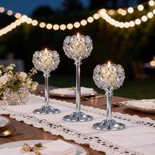 3pcs Gold Crystal Candle Holder Set, Vintage Hollow Ball Metal Lantern Candle Holders, Suitable For Wedding And Home Decor Centerpiece - Multicolor - View 6