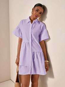 Vestido casual de verano suelto y simple con botones en la cintura - Morado - Ver 3