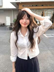 韩版街头风女学生衬衫，修身短款长袖上衣 - 白色 - 查看 5