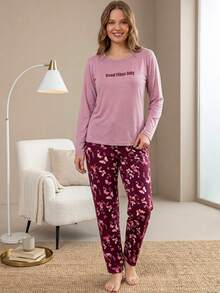 100% Cotton Printed Pink Pajama Set - Lilac Purple - View 1