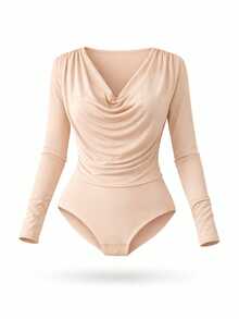 Bodysuit Feminino Drapeado Blusa Feminina Elegante Manga Longa  Tecido de malha    Drapeado    Escola  Noite  Feriado  Casamento  Férias  Escritório - Bege - Visão 3