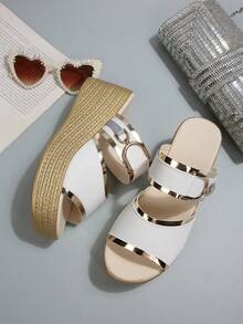Y2K Metallic Decor Woven Platform Wedge Sandals, Suitable For Party, Vacation, Black & White, Summer Daily Wear - White - View 2