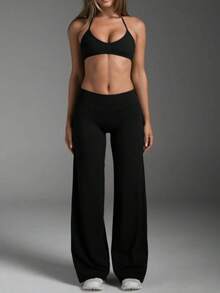 1 Pair Women's Solid Color Loose Yoga Wide Leg Pants, Comfortable Fitted Versatile, Suitable For Running, Fitness And Yoga - Black - View 12