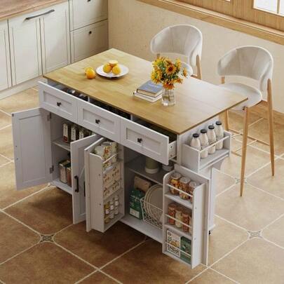 Kücheninsel Mit Klappbarer Arbeitsplatte, Ausgestattet Mit 5 Feststellbaren Rollen, 4 Türen, 3 Schubladen, Türregal, Doppelseitigen Handtuchhaltern, Scheunenstil-Design, White, 140x43(70)X90.5 Cm.