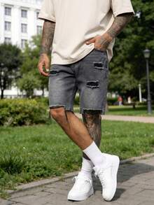 美式復古磨損毛邊牛仔短褲，男款寬鬆直筒膝長褲 - 深灰色 - 查看 5