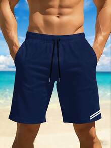 Quick-Dry Beach Shorts With Coastal Scenery Print, Lightweight Drawstring Beach Shorts, Casual, Slightly Stretchy, Perfect For Summer Vacations, Surfi - 海軍藍 - 查看 1