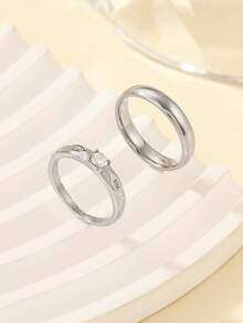 Bộ 2 chiếc nhẫn bạc tối giản bằng thép không gỉ, đính kim cương trắng, thích hợp cho nữ đeo hàng ngày hoặc làm quà tặng. - Bạc - Xem 2